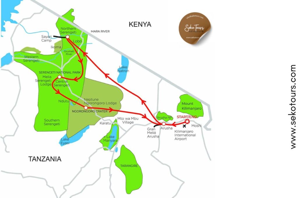 10 Days Great Wildebeest Mara River Crossing Map | Seko Tours Adventures